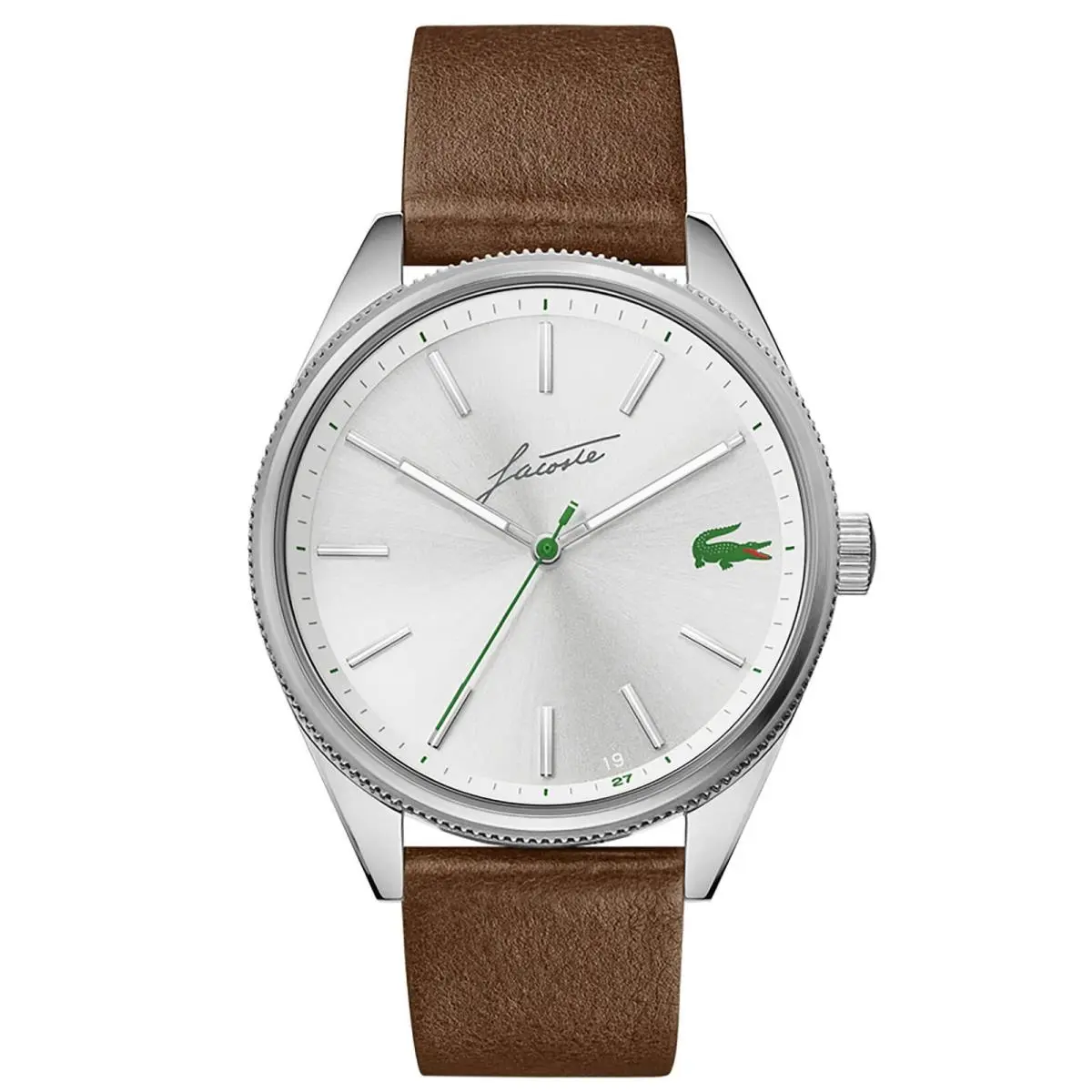 Lacoste 2011052 Silver Dial Brown Leather Strap 42MM Men`s Heritage Watch