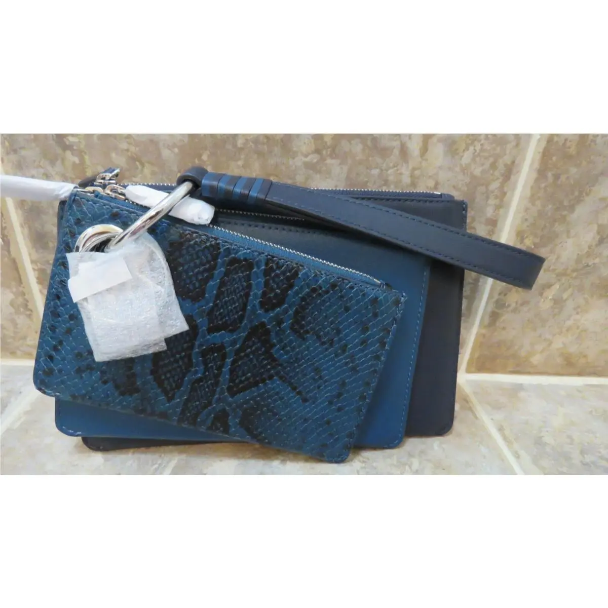 Wristlet/clutch Set: 3 Sizes + Charm + Ring + Strap Interchangeable Blues: Teal, LX Admiral, Black w/ silver by Michael Kors