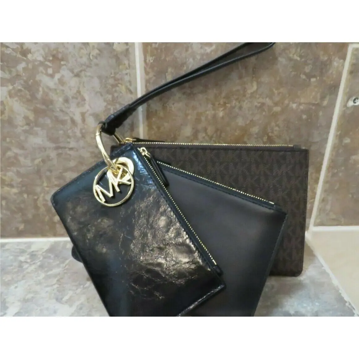 Wristlet/clutch Set: 3 Sizes + Charm + Ring + Strap Interchangeable blacks and mk sig. brown by Michael Kors