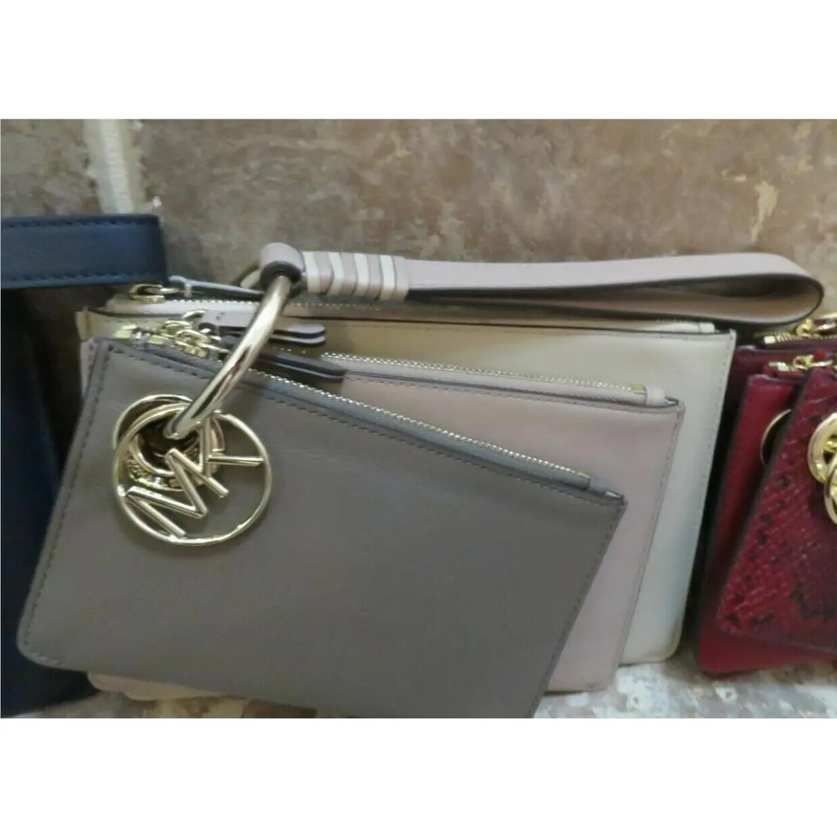 Wristlet/clutch Set: 3 Sizes + Charm + Ring + Strap Interchangeable gray and beiges by Michael Kors