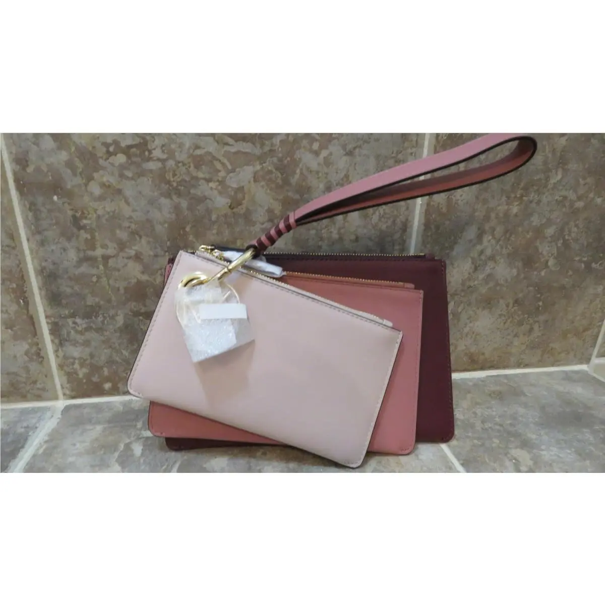 Wristlet/clutch Set: 3 Sizes + Charm + Ring + Strap Interchangeable Pink light, medium, oxblood w/ gold by Michael Kors