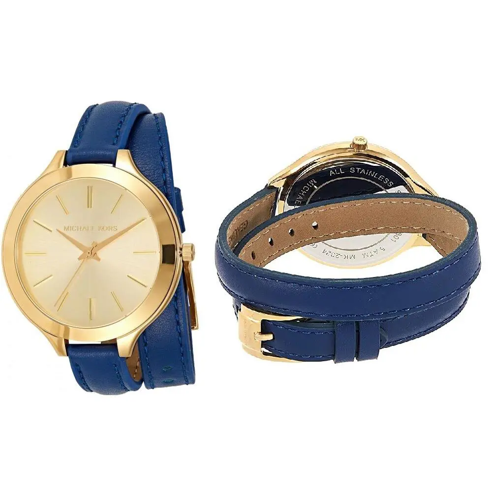 Michael Kors Wrap Around Navy Blue Leather Slim Round Gold Dial Watch MK2324 - Dial: Gold, Band: NAVY BLUE, Bezel: Gold