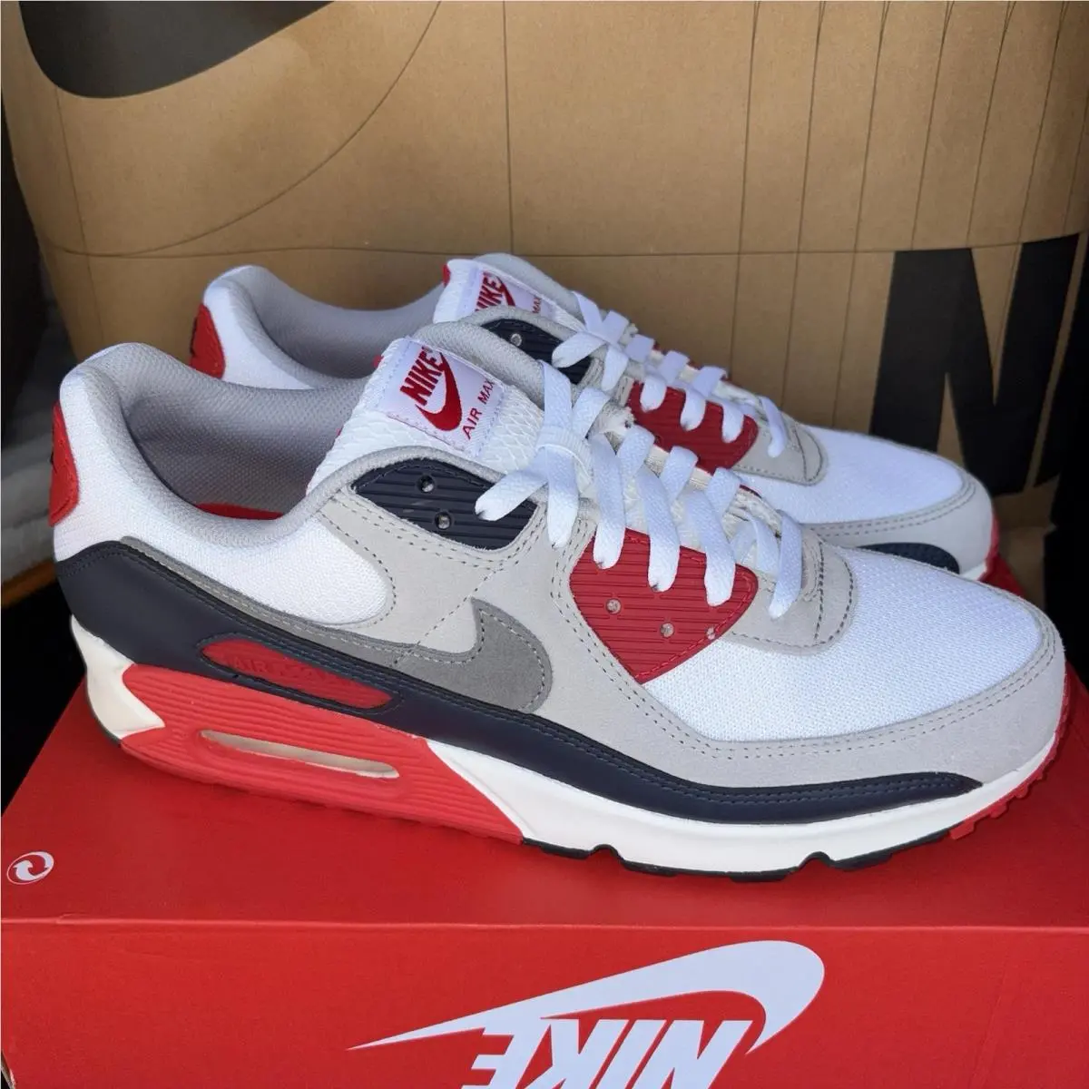 Nike Air Max 90 Nby DM0029-117 Usa Cool Grey University Red Men’s Size 11