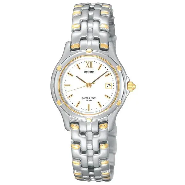 Seiko SXE586 Le Grand Sport White Dial Date Gold Silver Tone Women`s Watch - Dial: White, Band: Gold & Silver