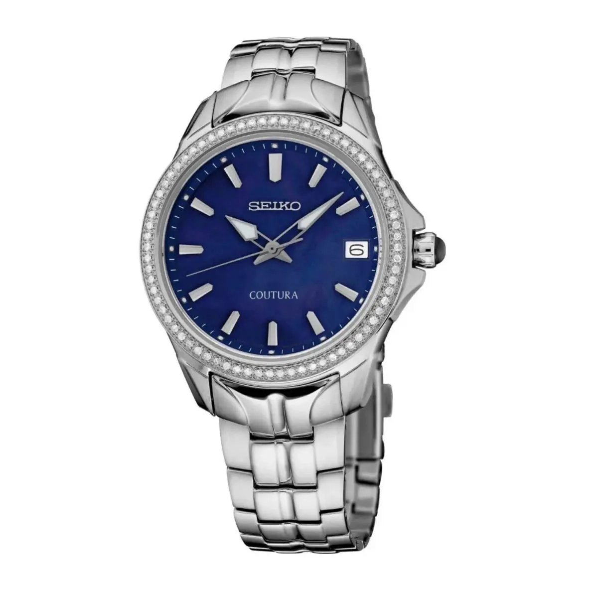 Seiko SUR591 Coutura Diamond Bezel Steel 34mm Blue Mop Dial Quartz Women`s Watch