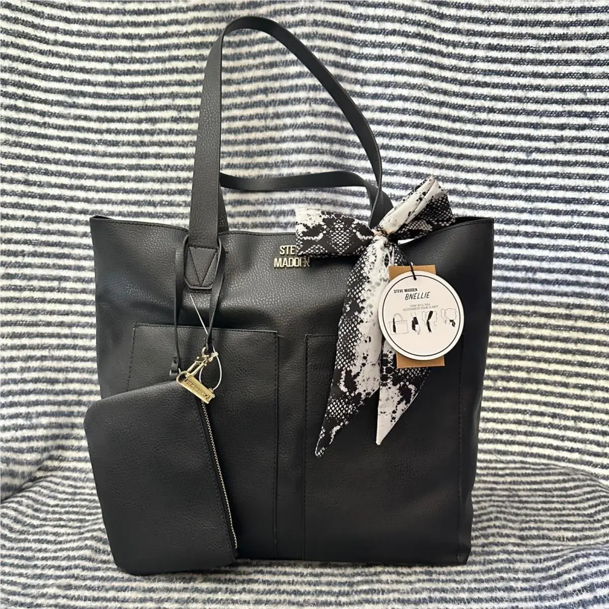 Steve Madden Bnellie Black Leather Large Tote w/ Accessories