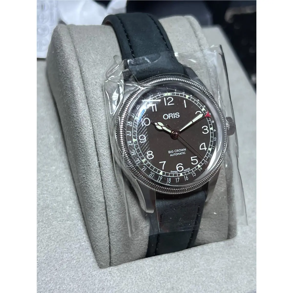 Oris Big Crown Pointer Date Automatic Watch Black Dial Leather Band 36mm