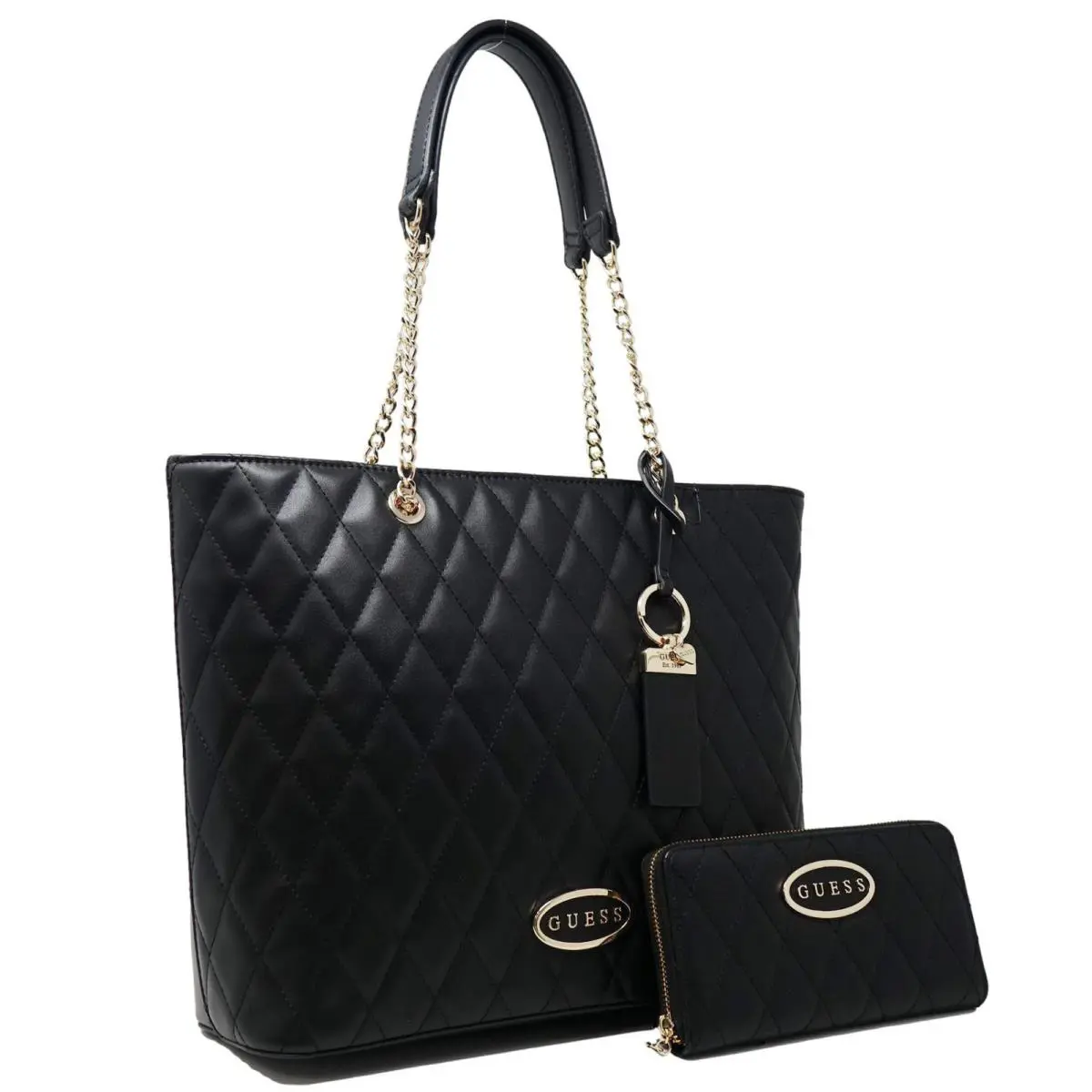 Guess Womens Quilted Large Tote Bag Handbag Wallet Set - Black