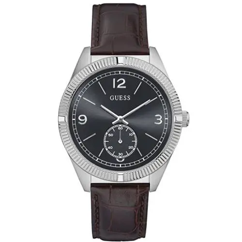 Guess York Brown Leather Strap 43mm Black Dial Men`s Watch W0873G1