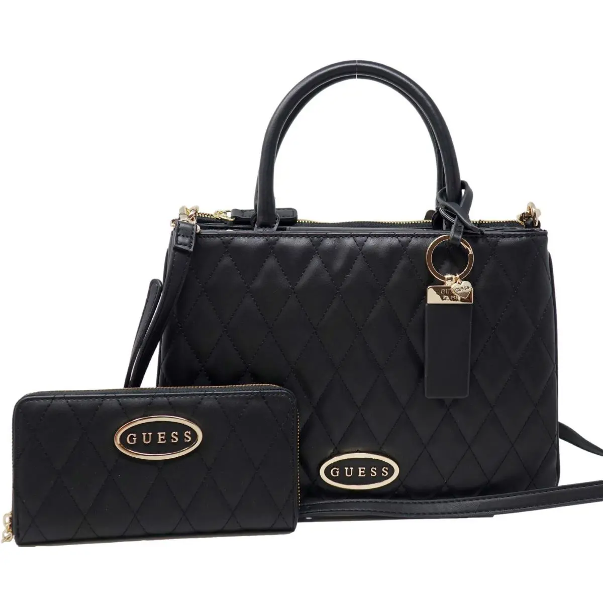 Guess Womens Quilted Satchel Crossbody Bag Handbag Wallet Set - Black
