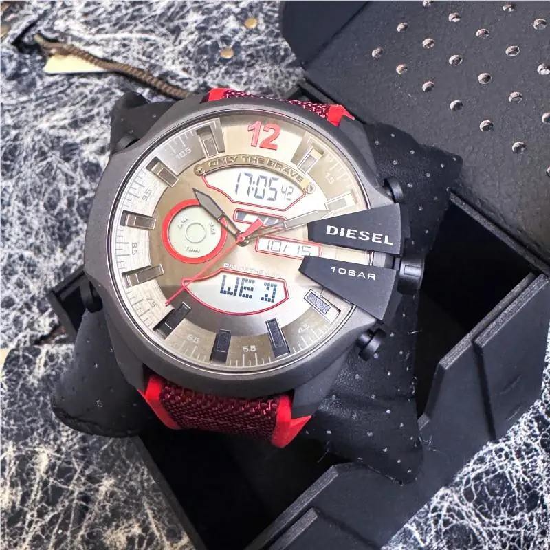 Diesel DZ4551 Mega Chief Analog-digital Red Nylon Silicone Watch Bnwt/box