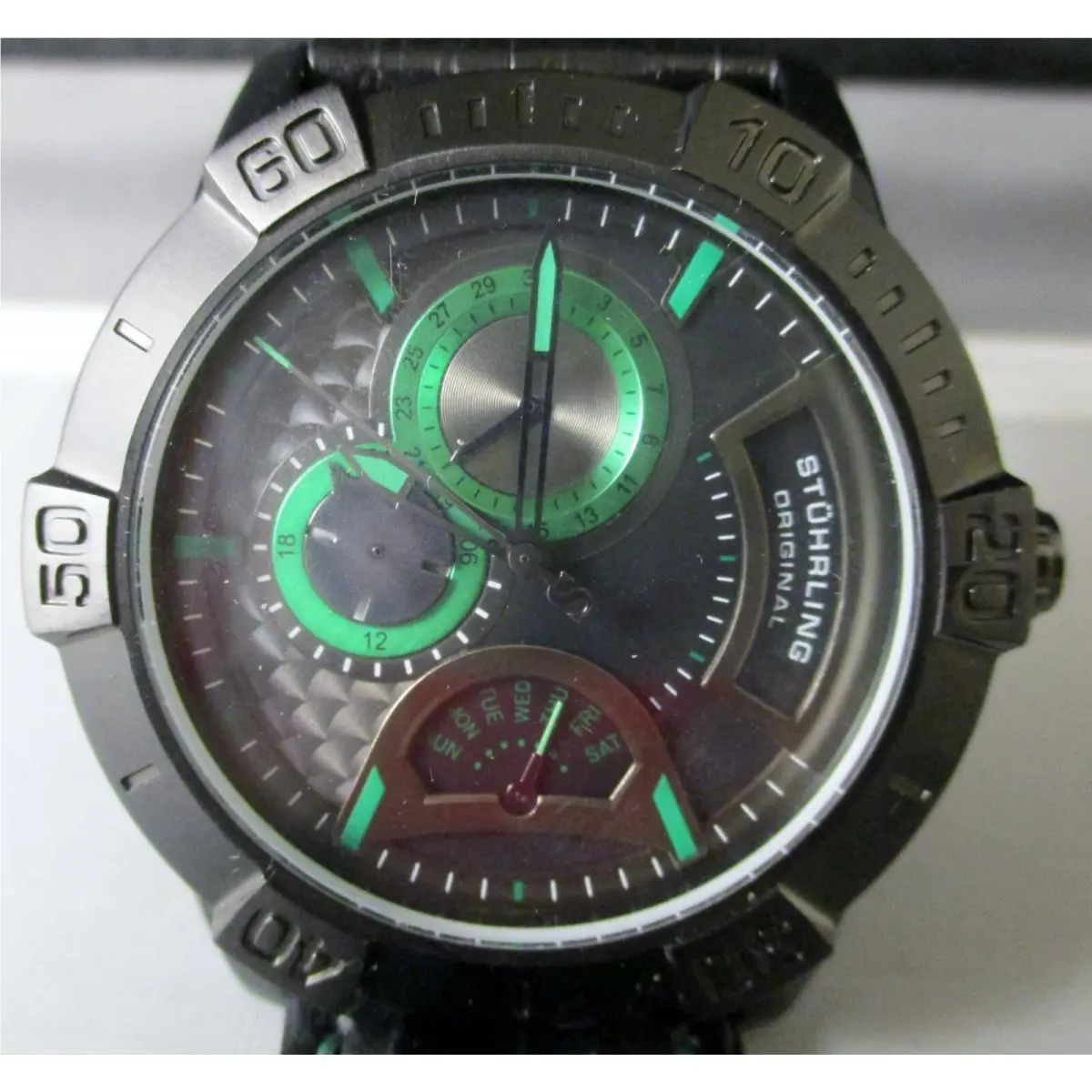Mens Stührling R1 Citizen Quartz Gen-y Black and Green Case Papers