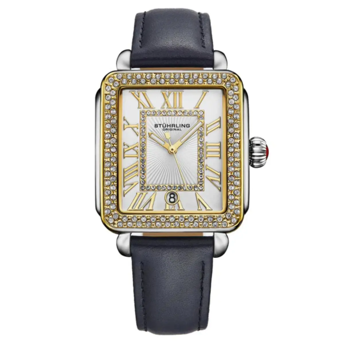 Stuhrling 4060L 4 Quartz Two Tone Date Navy Leather Womens Watch