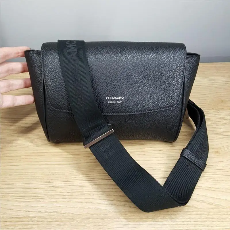 Salvatore Ferragamo Mens Belt Bag Black Pebble Leather Logo Strap Florence