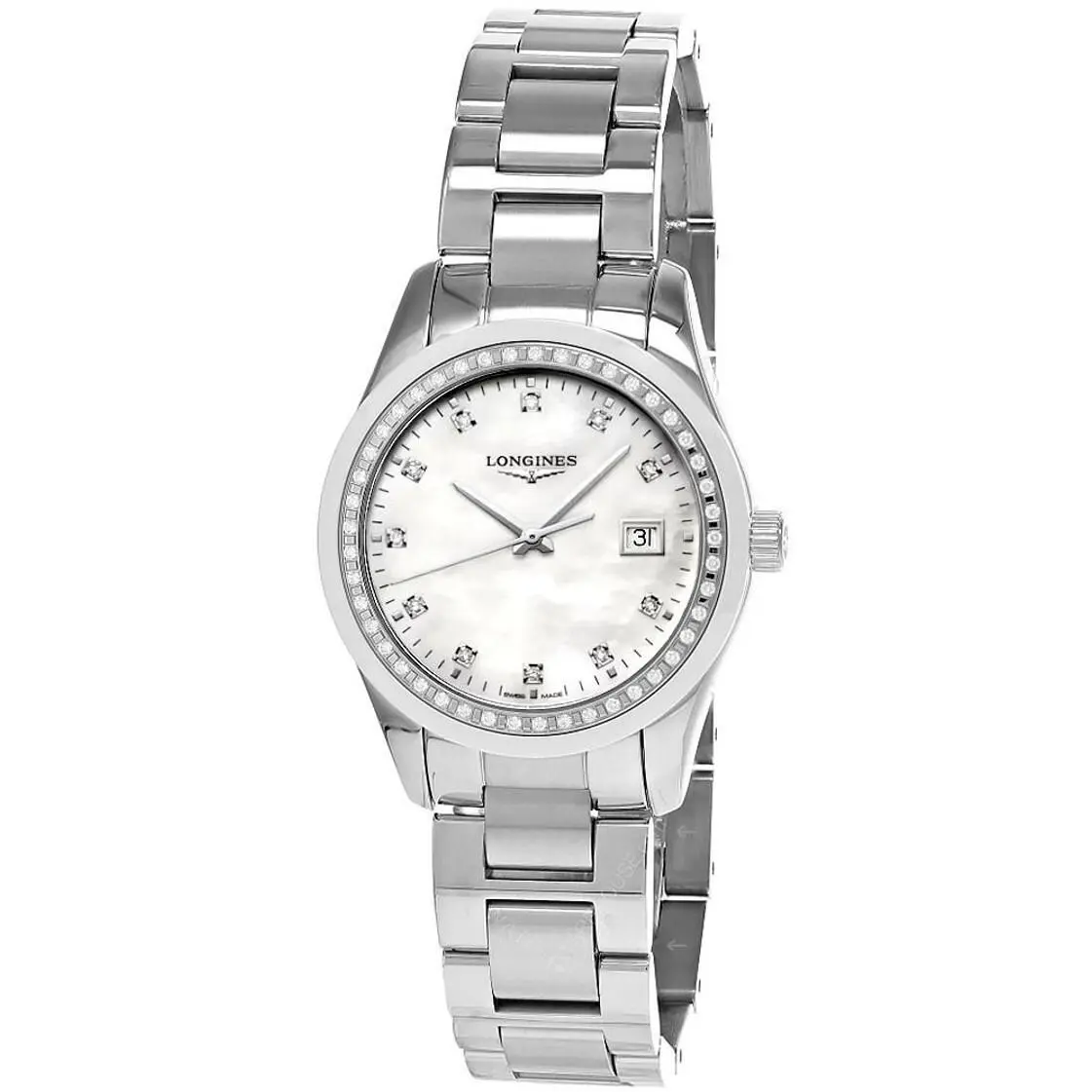 Longines Conquest Classic 36mm Mother of Pearl Dial Women`s Watch L2.387.0.87.6 - Dial: Mother of Pearl dial, Band: Silver, Bezel: inner bezel set with 45 diamonds (0.306 carats)