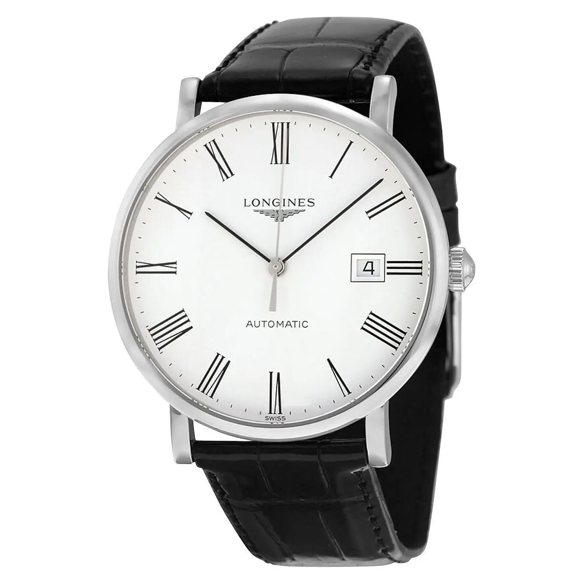 Longines Elegant Automatic White Dial Black Leather Date Men Watch L4.910.4.11.2 - Dial: White, Band: Black, Bezel: Silver