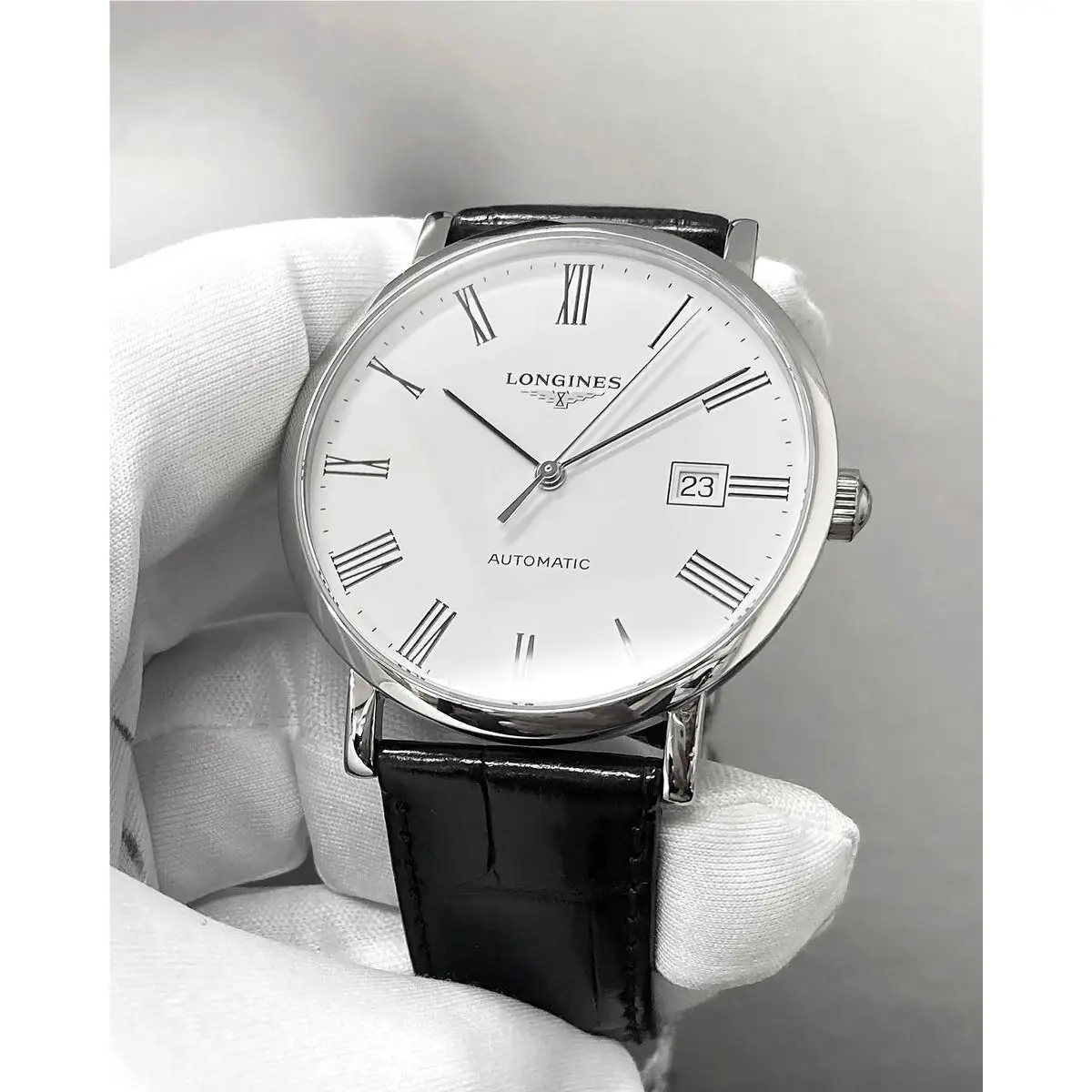 Longines Elegant Auto 39MM White Dial Black Leather Men`s Watch L4.910.4.11.2