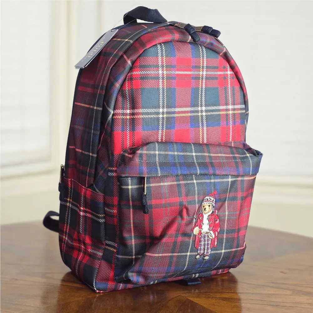 Polo Ralph Lauren Nordic Polo Bear Red Stewart Plaid Nylon Backpack Laptop Bag