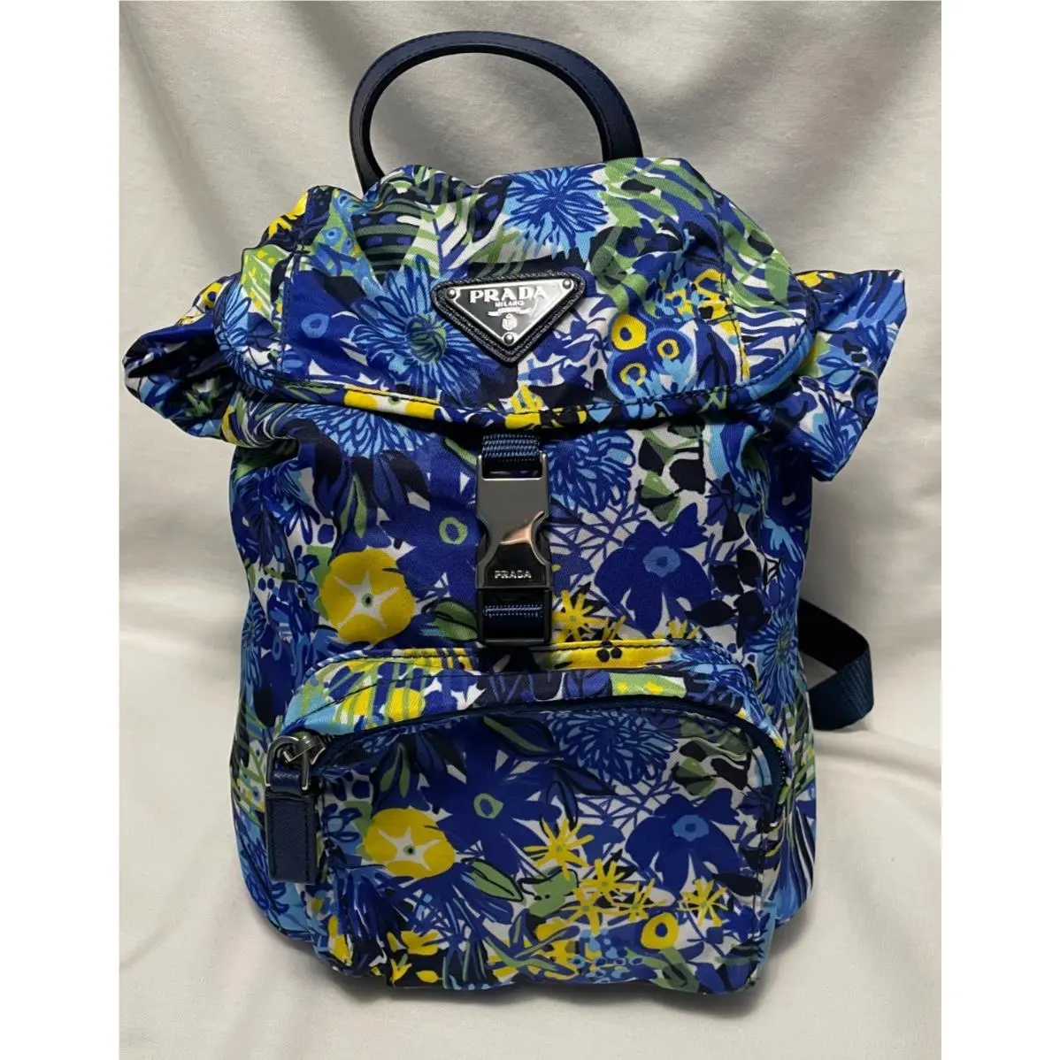 Prada Backpack Tessuto Zainetto Stampata Blue Floral Printed Bluette