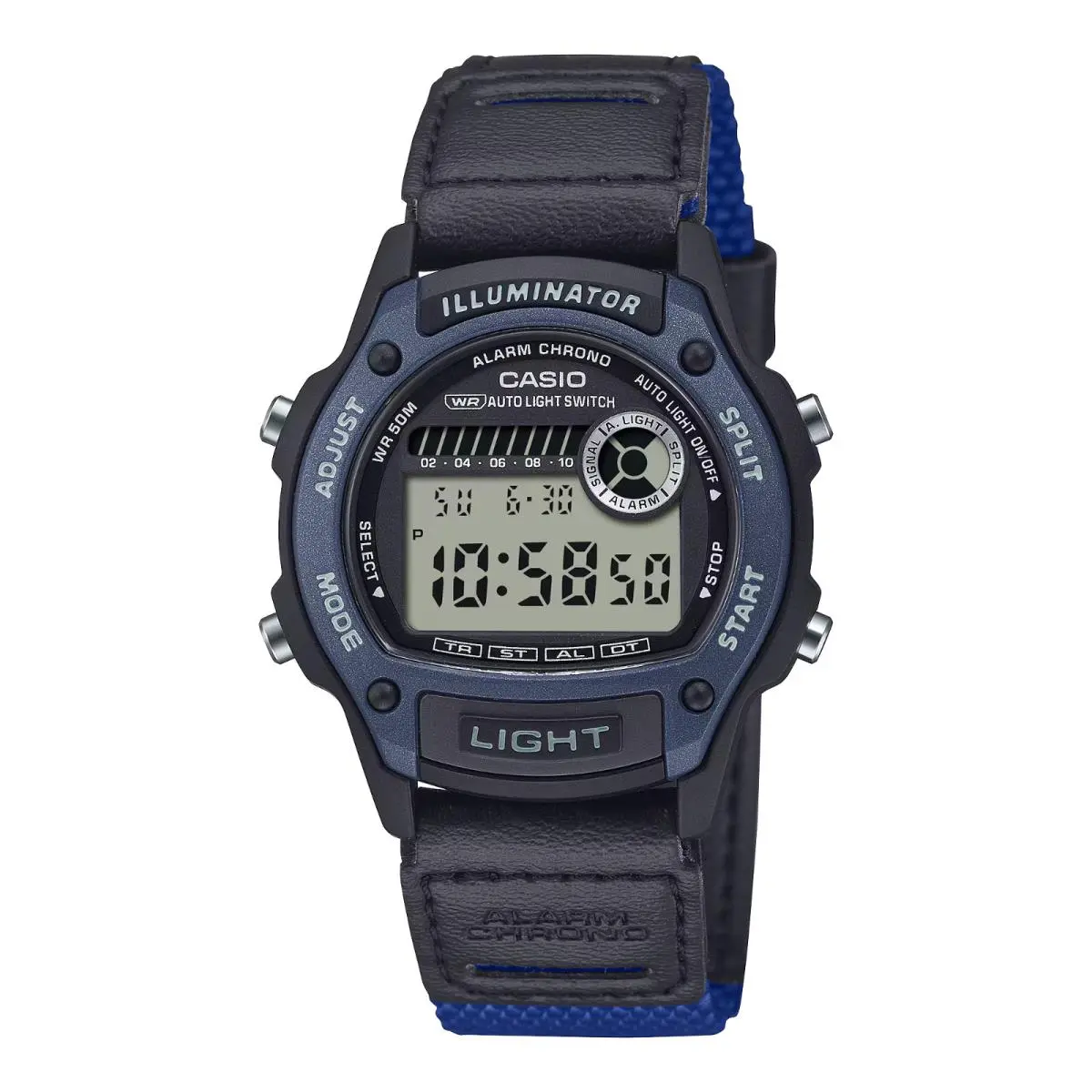 Casio W220HF-2AV Chronograph Watch Alarm Illuminator Date Blue Fabric Band - Dial: Digital, Band: Blue, Bezel: Blue
