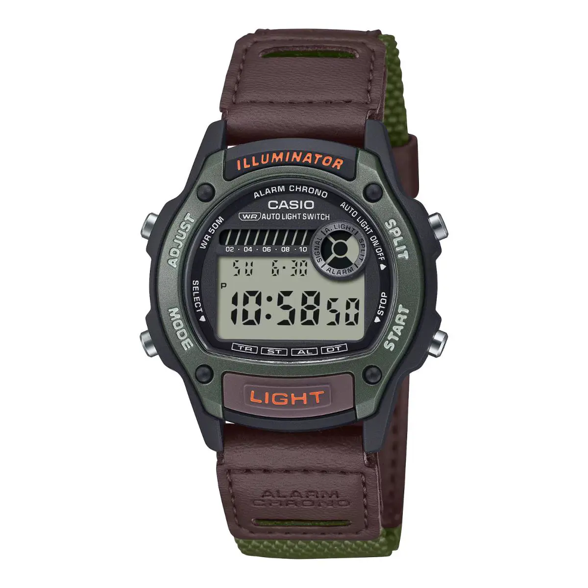 Casio W220HF-3AV Chronograph Watch Alarm Illuminator Date Green Fabric Band - Dial: Digital, Band: Green, Bezel: Green