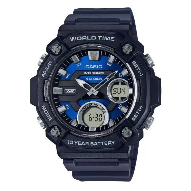 Casio Men`s Watch Black Satin Band Day Date Calendar Telememo 52MM AEQ120-2AV - Dial: Black, Band: Black, Bezel: Black