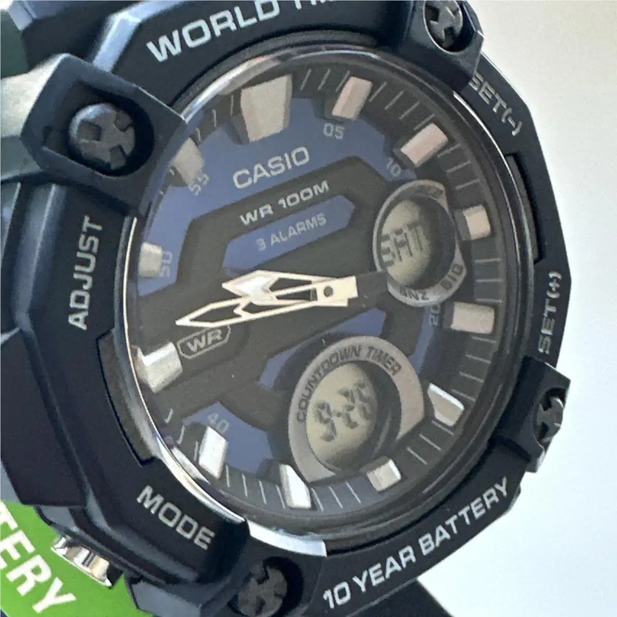 Men`s Watch Blue Satin Band Day Date Calendar Telememo 52MM AEQ120-2AV by Casio