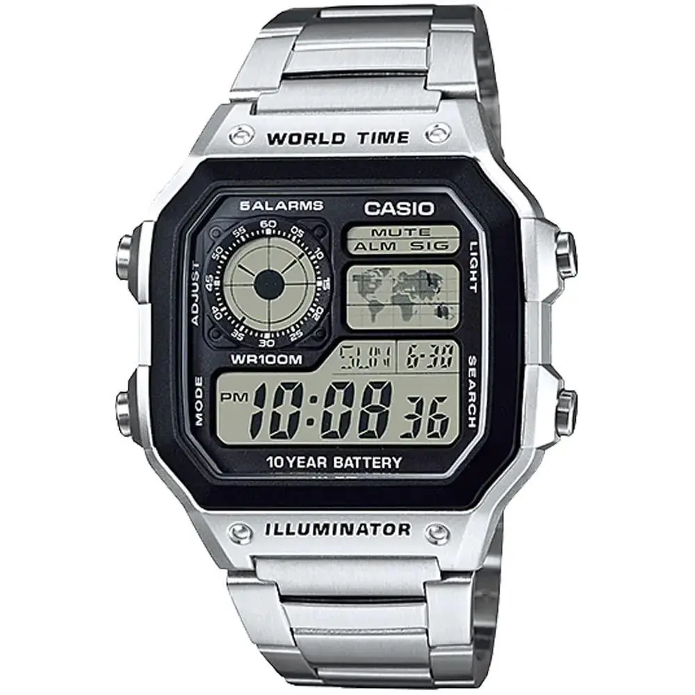 Casio World Time AE-1200WHD-1AV Men`s Digital Watch Metal Band Silver