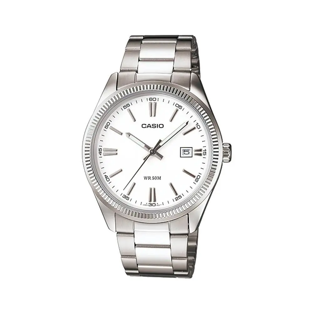 Casio MTP1302D-7A1V Men`s Standard Classic Stainless Steel Date White Dial Watch - Dial: White, Band: Silver, Bezel: Silver