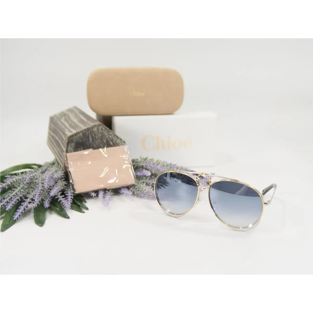 Chloe CE144S Gold Blue Gradient Romie Aviator Logo Sunglasses Case