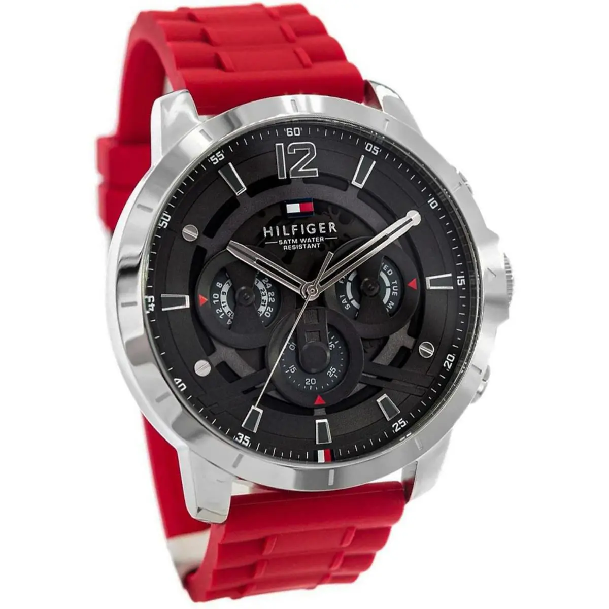 Tommy Hilfiger 1710490 Men`s Black Multifunction Analog Watch Red Silicone Strap