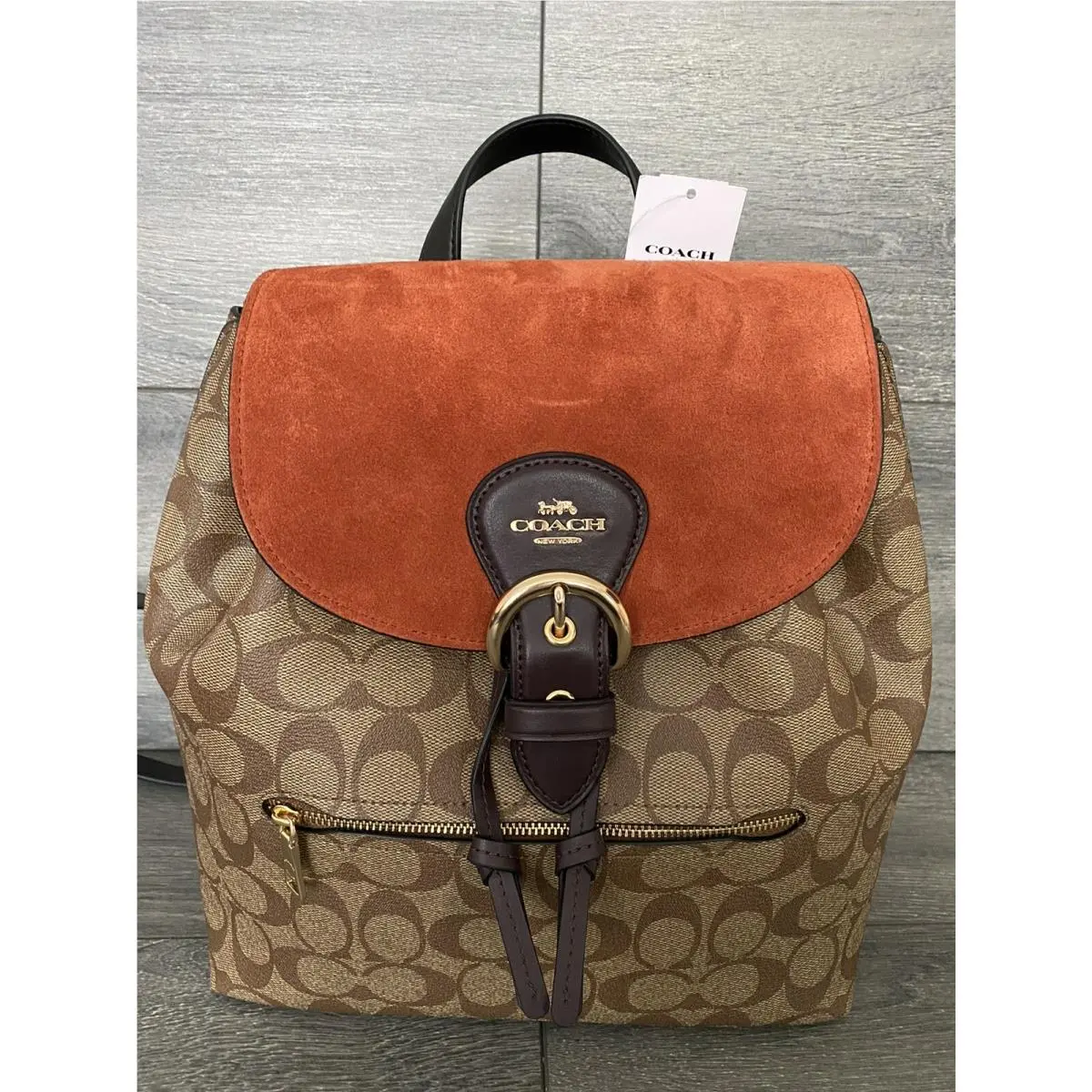 Coach Suede Kleo Khaki Multi Backpack Bag Women Signature