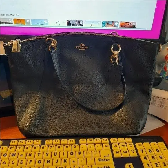 Coach Pebble Leather Kelsey Satchel Tote Bag Black Size L
