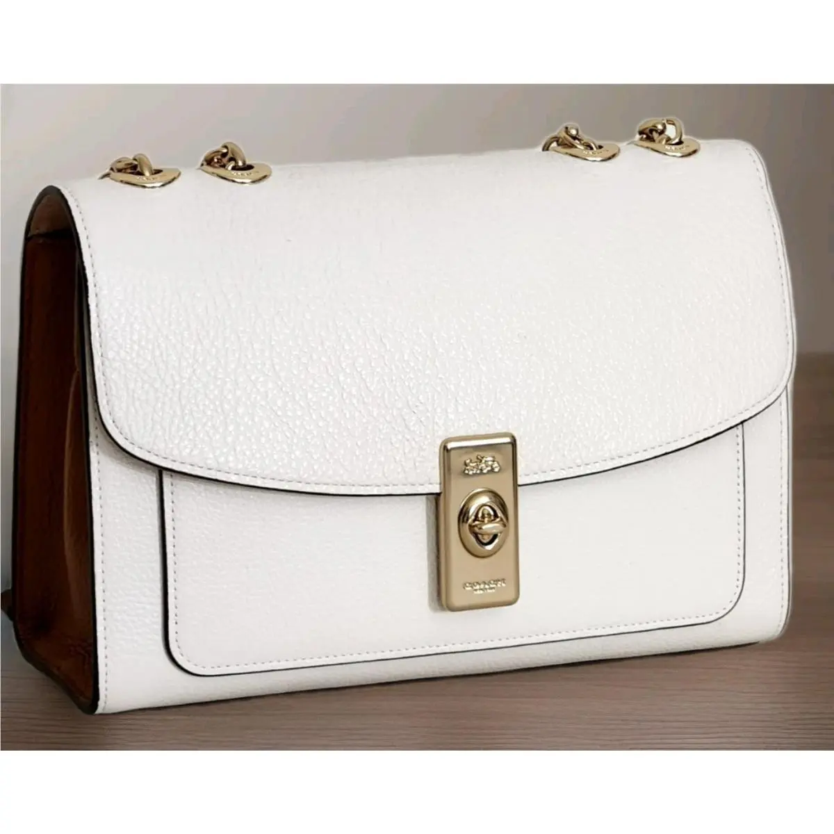 Coach Lane C8594 Chalk Brown Leather Gold Chain Crossbody Shoulder Bag