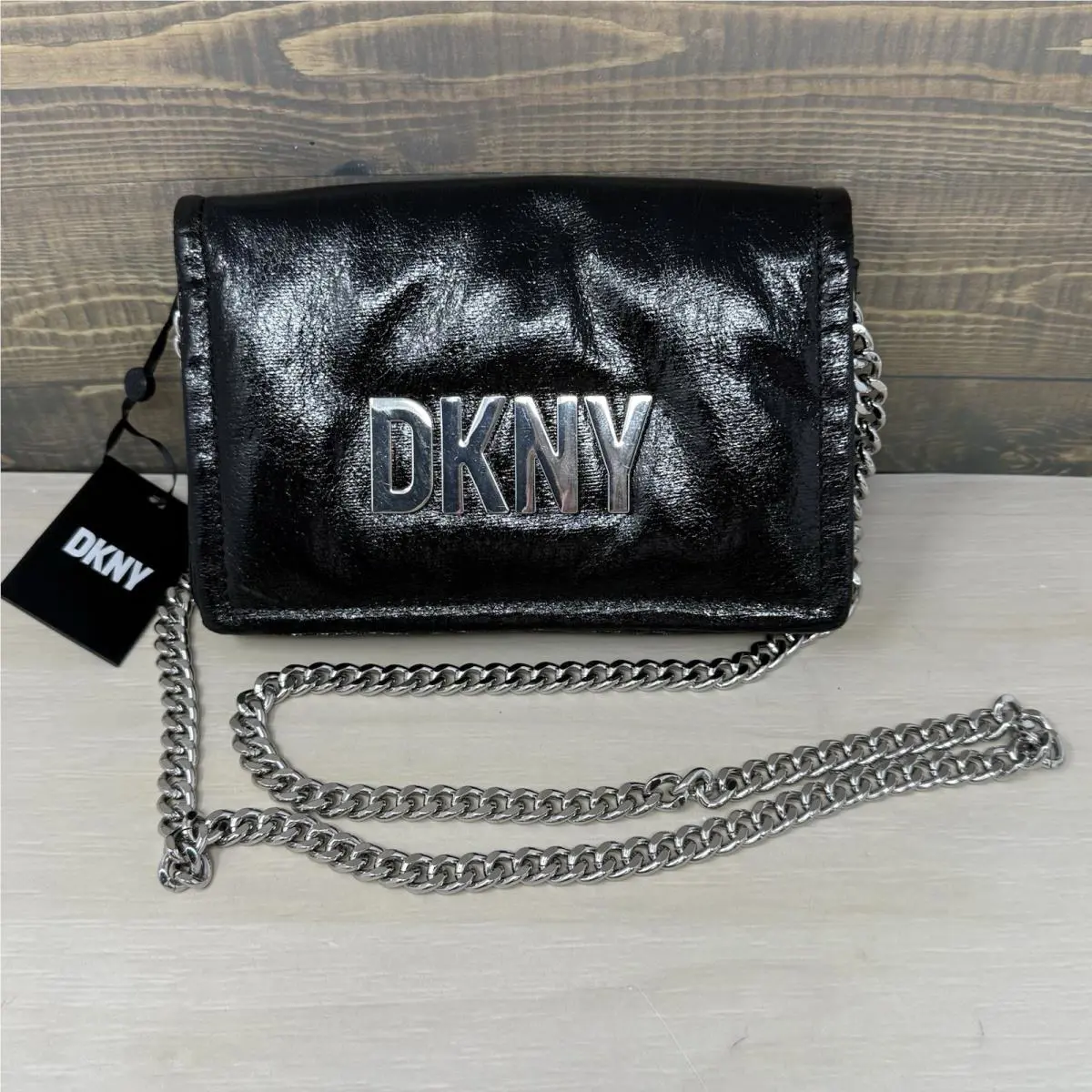 Dkny Maggie Black Patent Leather Chain Clutch Purse Shoulder Bag