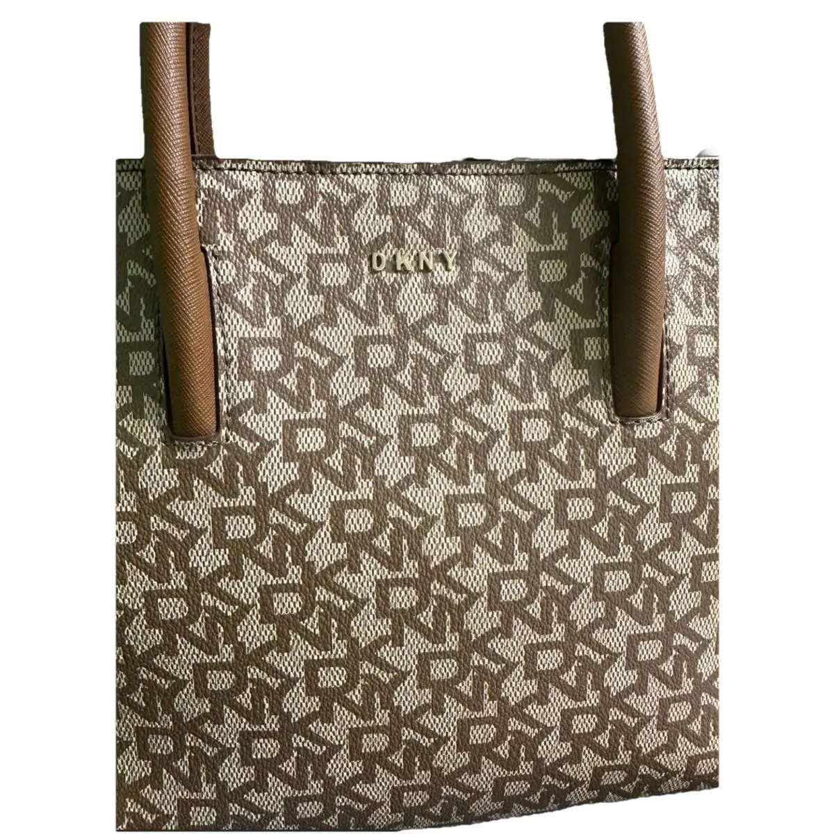 Dkny Signature Logo Printed Medium Handbag W/crossbody Strap Brown/gold Rare