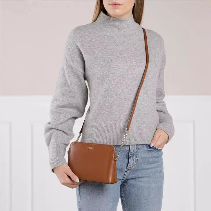 Dkny Bryant Dome R12EL655 Caramel Leather Minimalist Top Zip Crossbody Bag