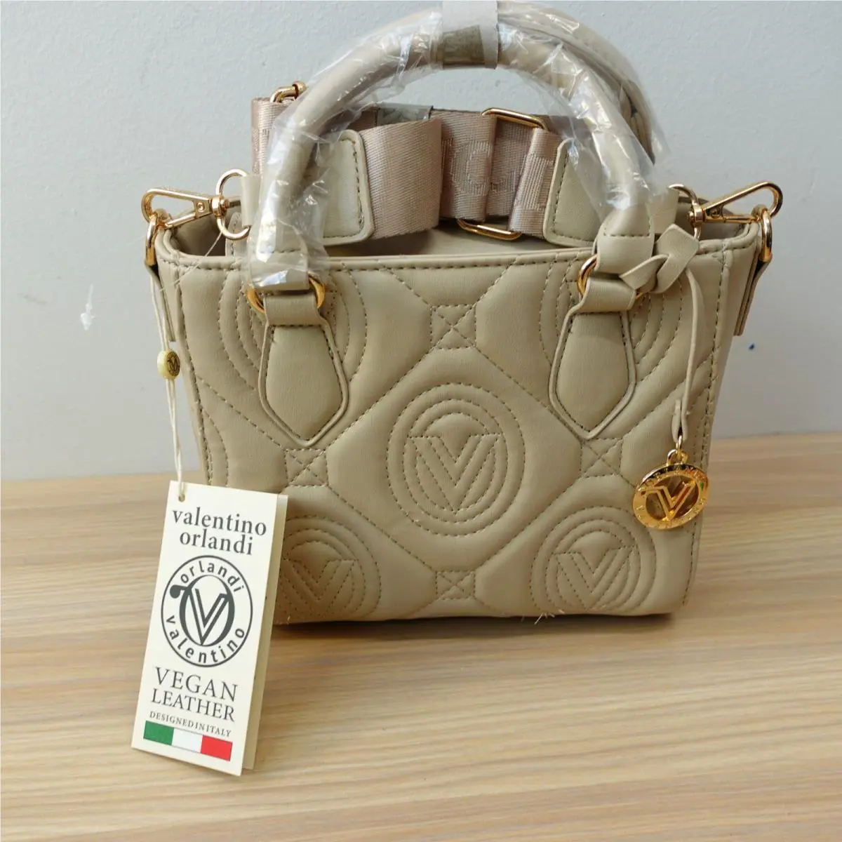 Italian Tote Crossbody Bag Womens Taupe Quilted Logo Vegan Valentino Orlandi