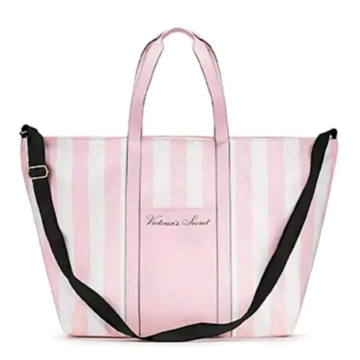 Victoria`s Secret Logo Weekender Tote Bag Pink White Stripe