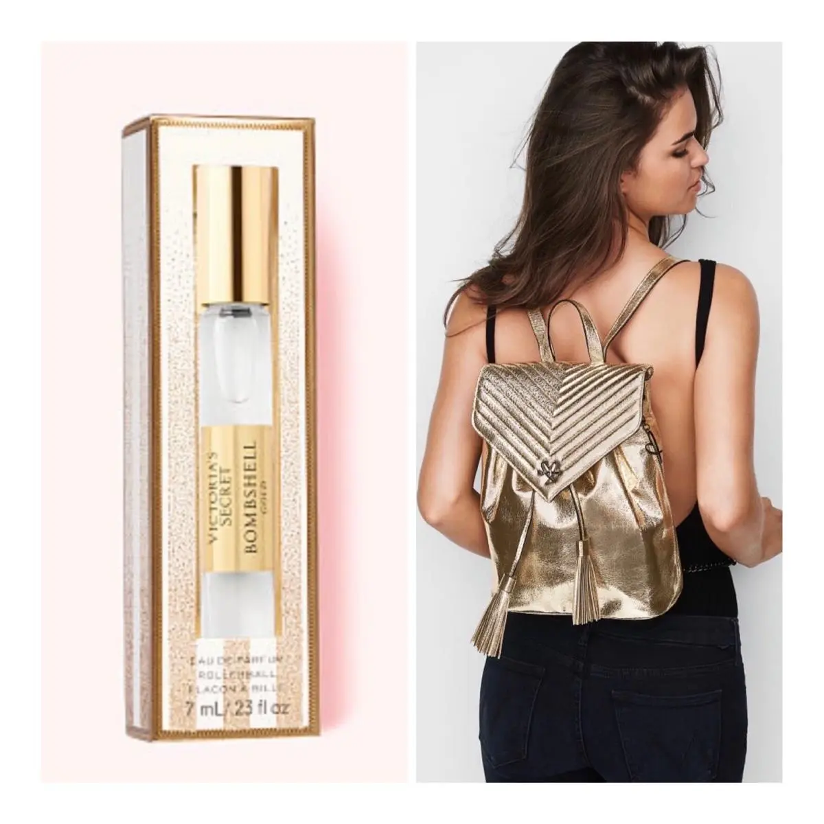 Victoria`s Secret Bombshell Gold Eau de Parfum Rollerball and VS Backpack