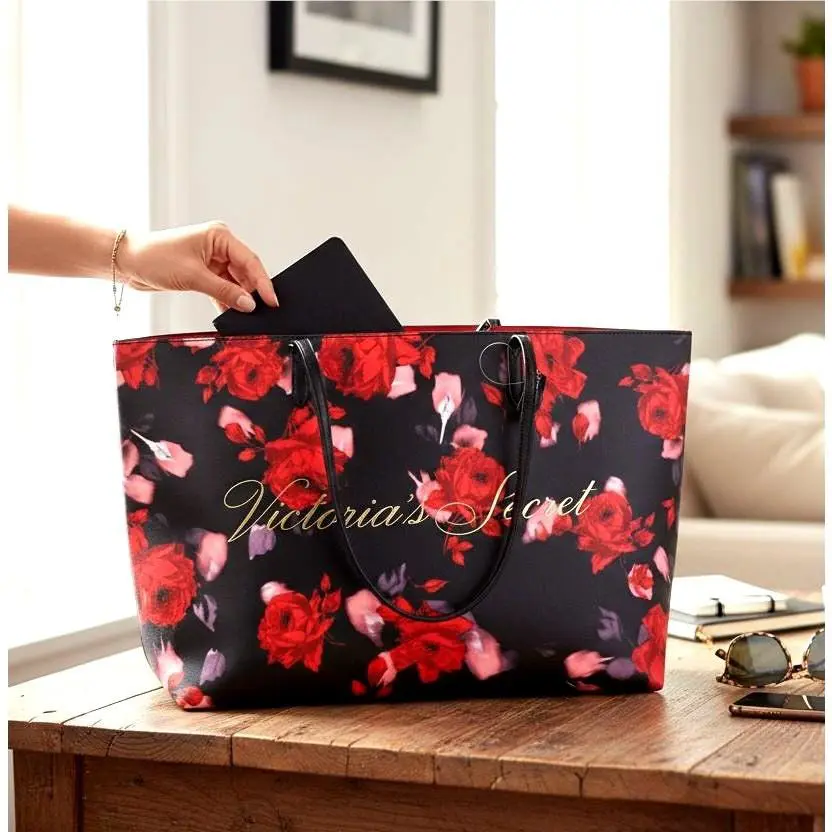 Victorias Secret Bag Tote Black Red Pink Shoulder Beach Weekend Floral Large