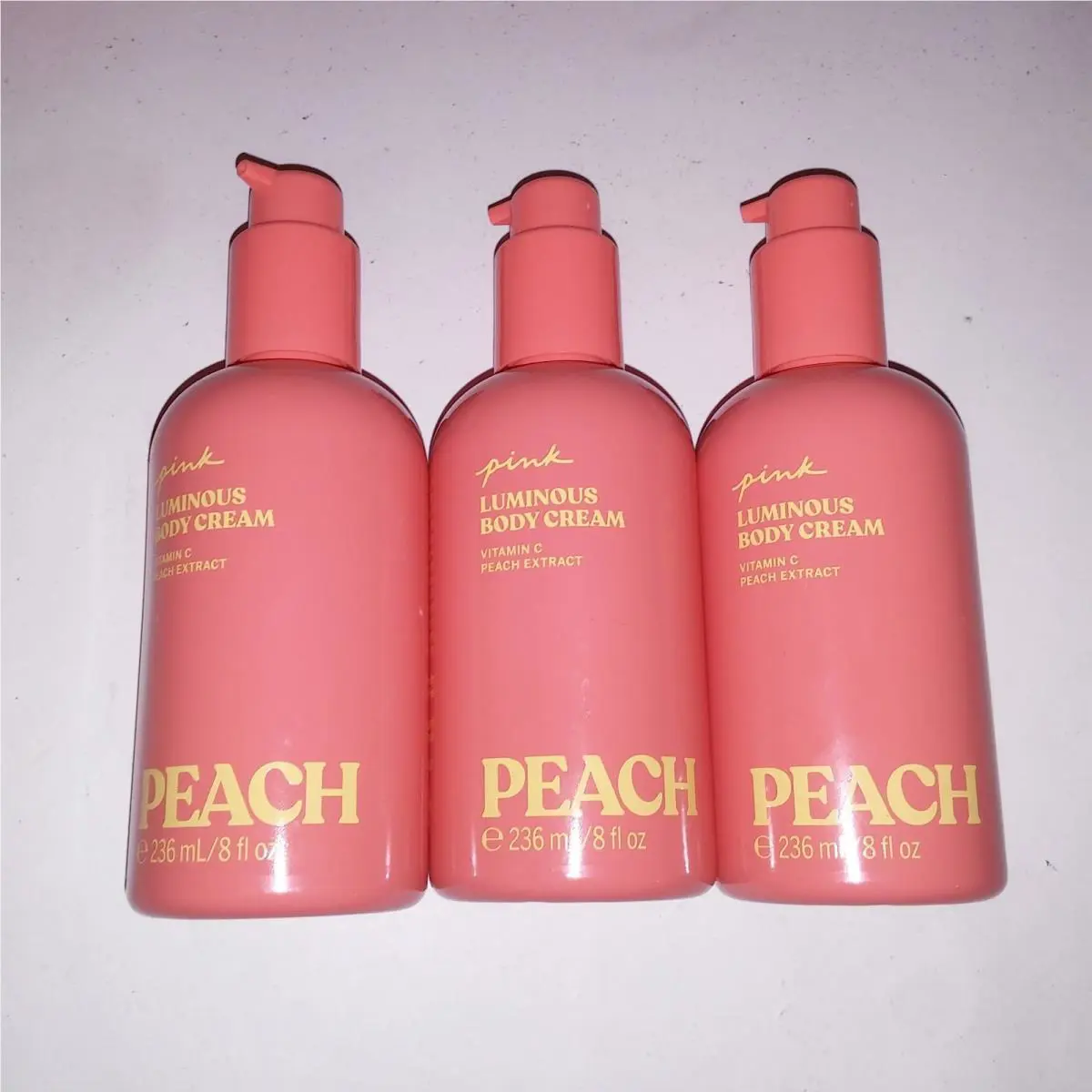 Victoria`s Secret Pink Body Cream Set of 3 Lotion Peach Luminous 8oz Each