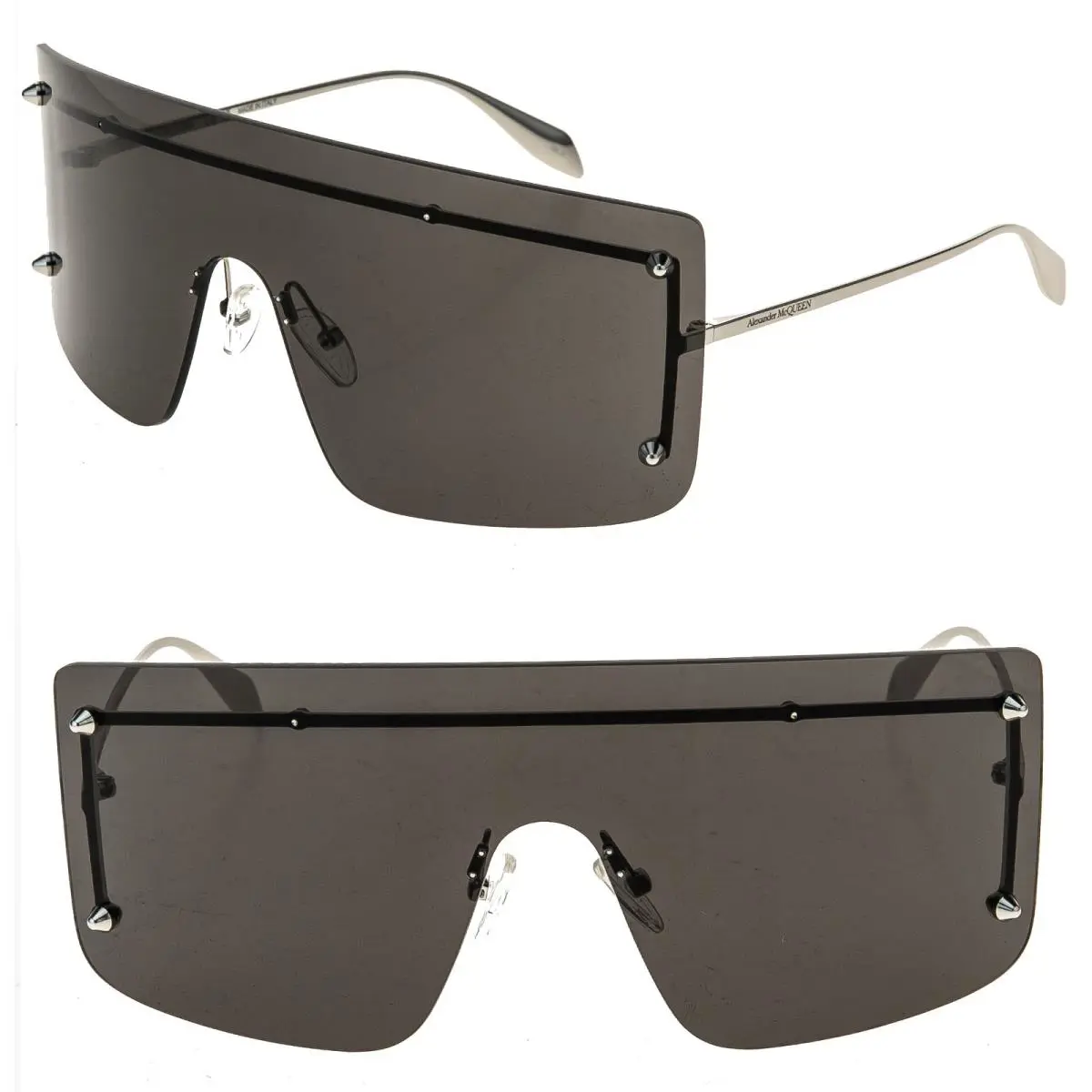 Alexander Mcqueen AM0412S Silver Black Metal Spike Shield Mask Sunglass 0412 001