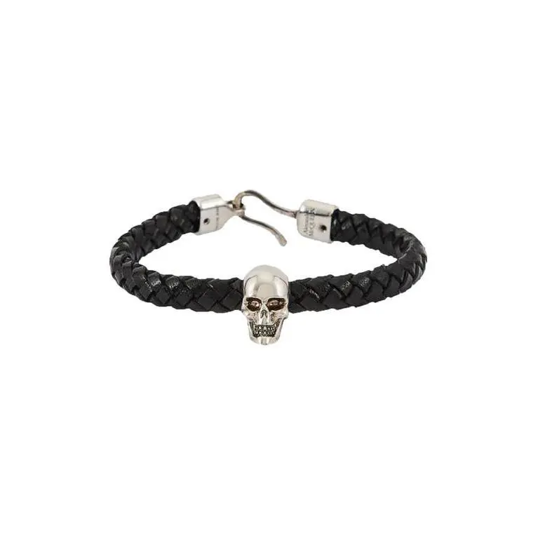 Alexander Mcqueen Skull Corded Leather Bracelet in Black