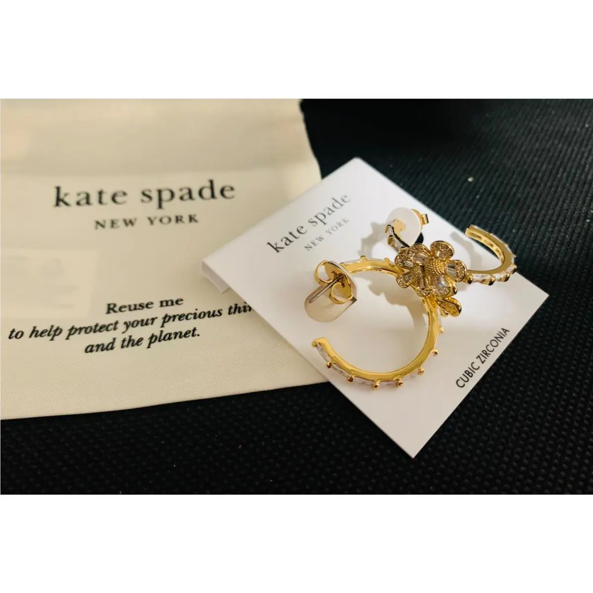 Kate Spade New York Fleurette Cubic Zirconia Gold Hoop Earrings 1 KG303 New
