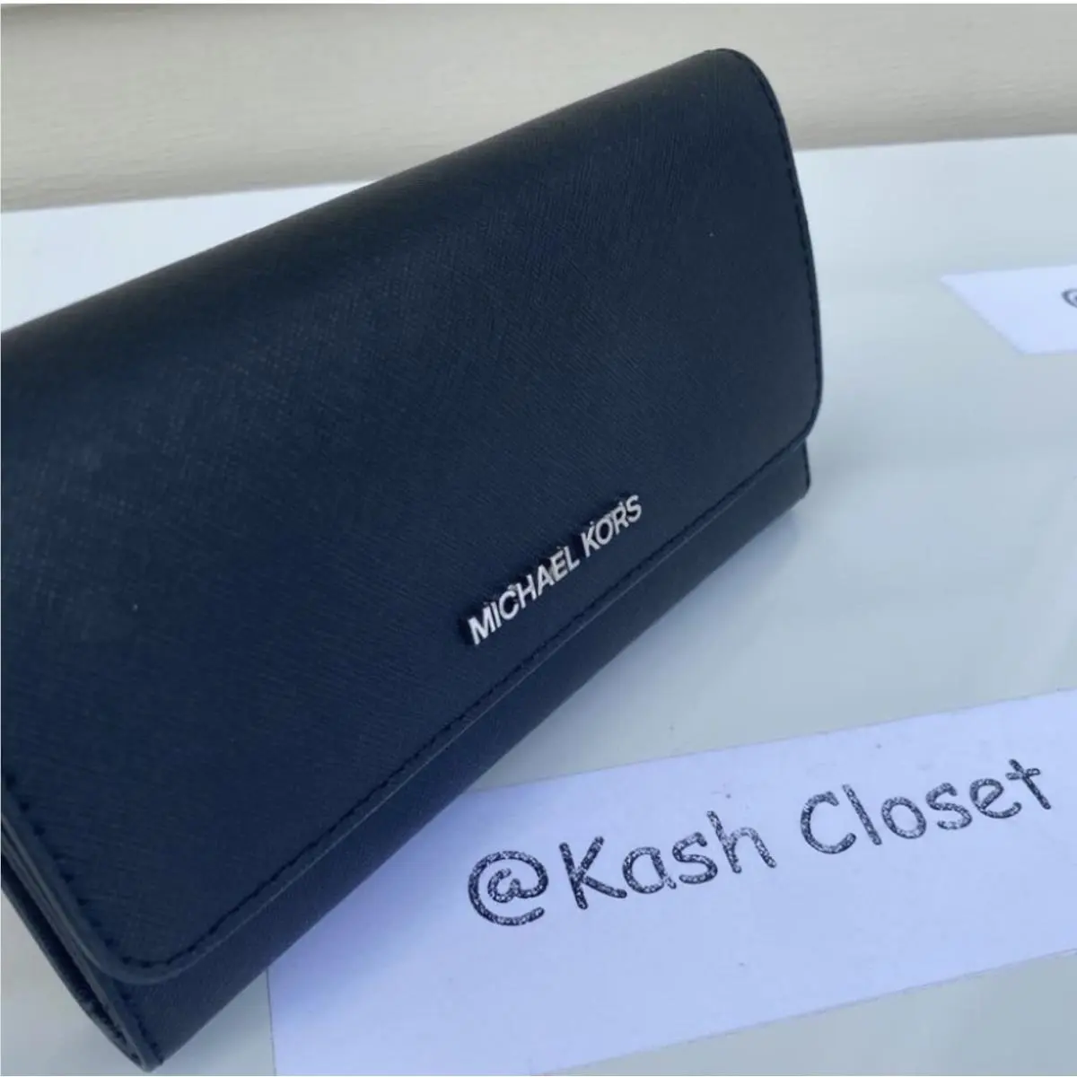 Wallet Trifold Large Card Case Wallet Jet Set Travel Black with Silver hardware by Michael Kors