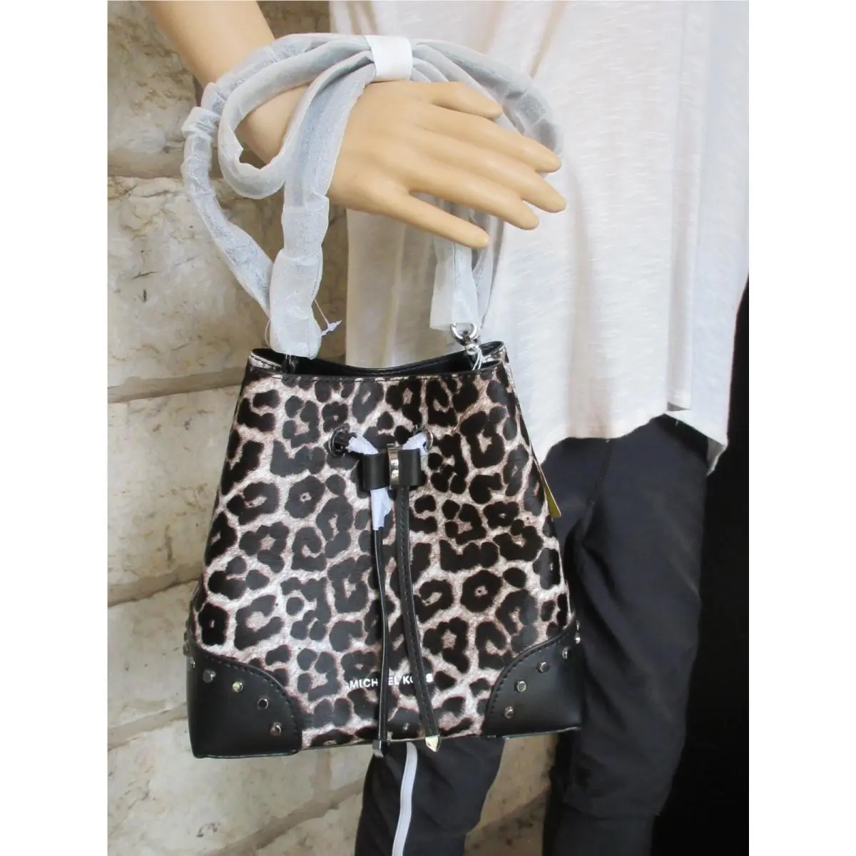 Mercer Gallery Bucket Bag XS SM Med Logo Multi Solid Opt. Retail Small Leopard leather calf hair Black silver by Michael Kors
