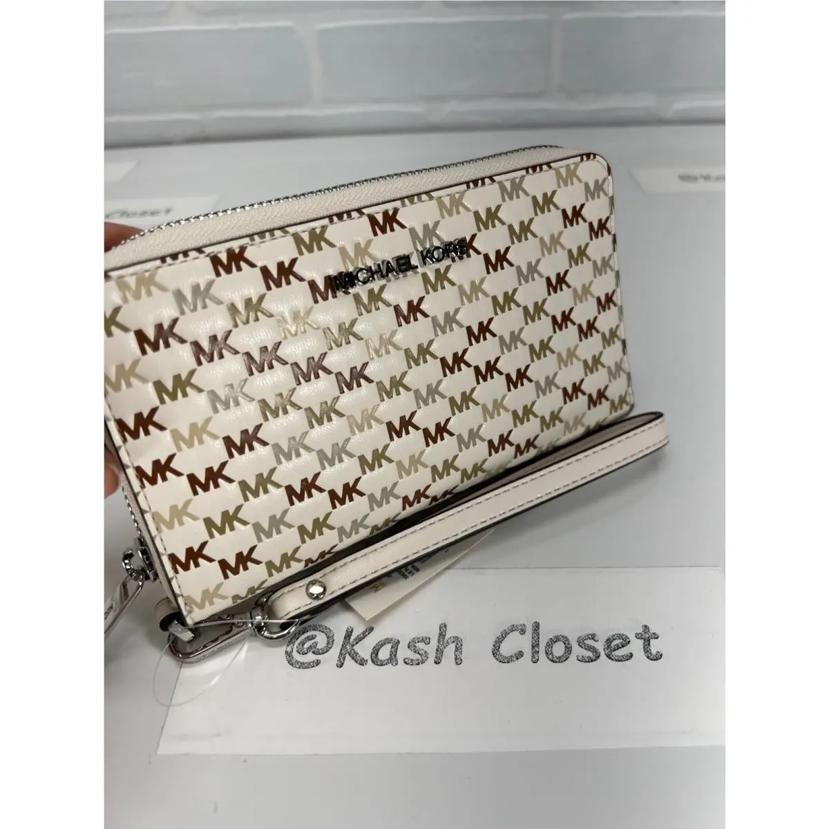 Wristlet Phone Case Wallet Large MK Signature Light Cream Multi by Michael Kors