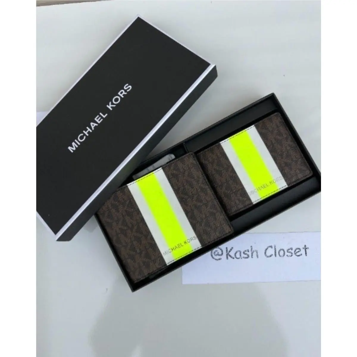 Mens 3 in 1 Wallet Card Case Gift Box Set Neon/Brown by Michael Kors