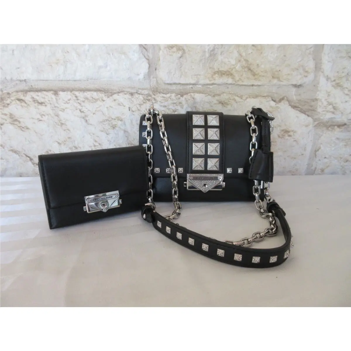 Cece Leather Studded XS Chain Black or Soft Pink Retail MK NY Bag+Wallet Set Black/Silver Cece flap key lock by Michael Kors